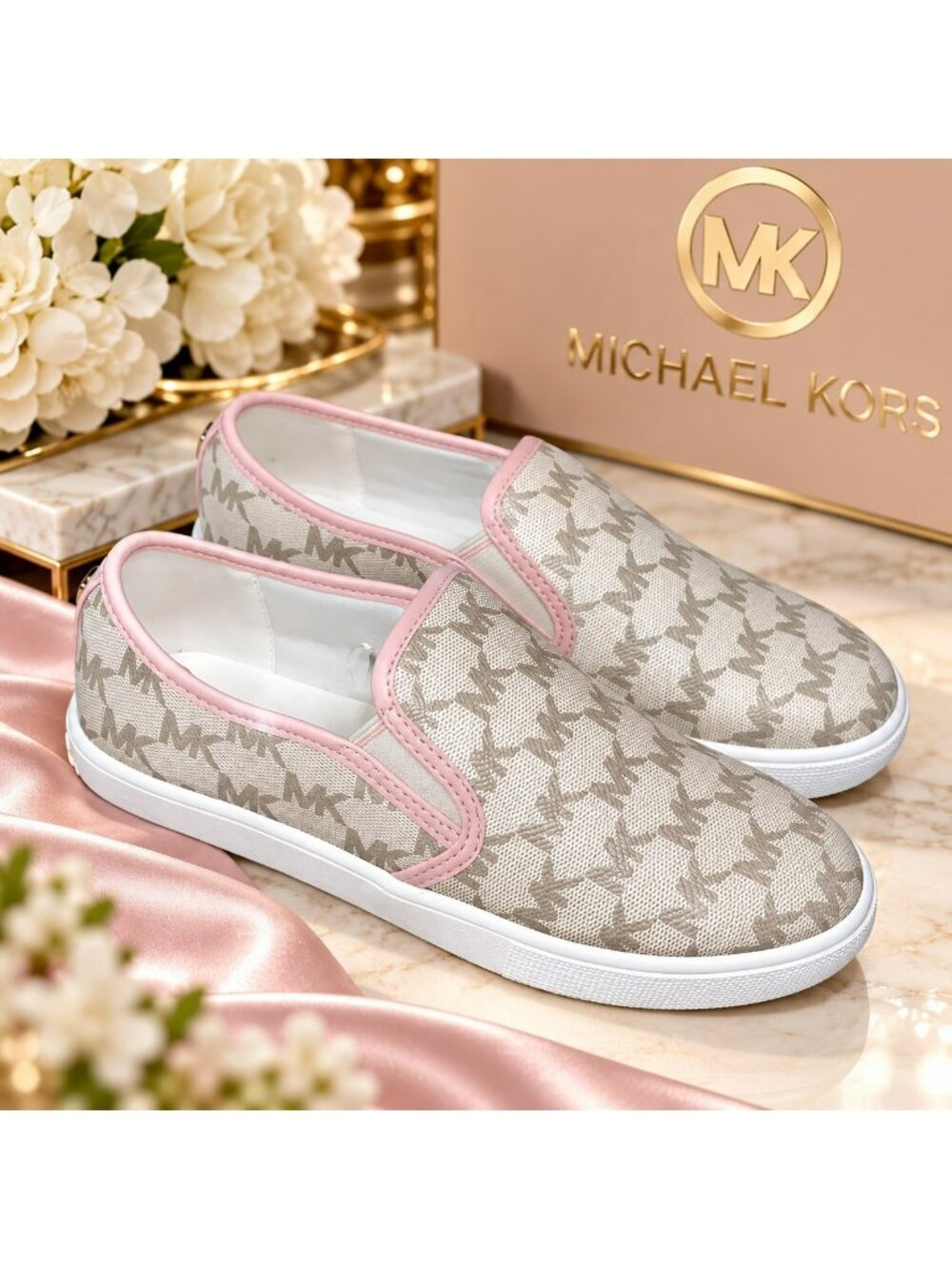 Michael Kors Girls Size 3 MK Logo Slip-On Sneakers Pink Beige NWOB